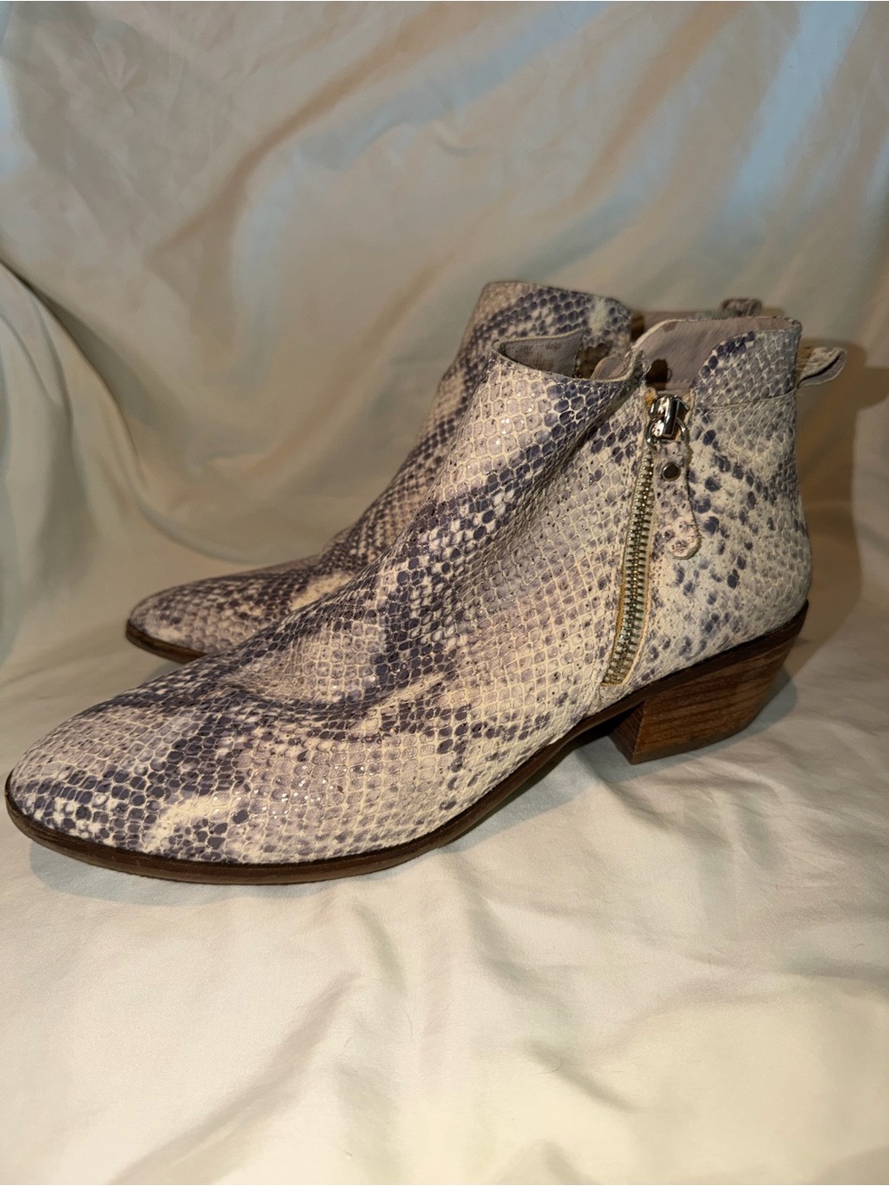 Vince Camuto Tricera Snake-Print Ankle Booties‎ in Gray With Gold Accents